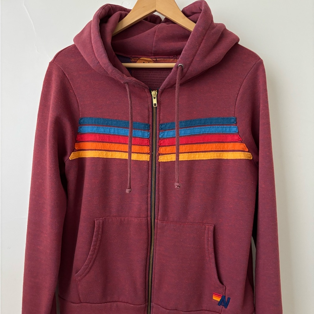 Aviator Nation Burgundy Hoodie with Rainbow Stripes